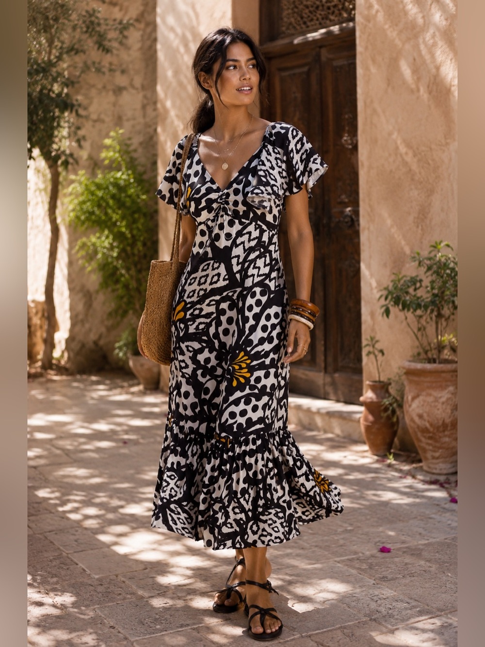 Farm Rio for Anthropologie Leaf Print Flutter Sleeve Maxi Dress SZ S